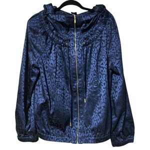 St John Women’s Blue Size L NWOT Convertible Hood Ruffle Leopard Jacket